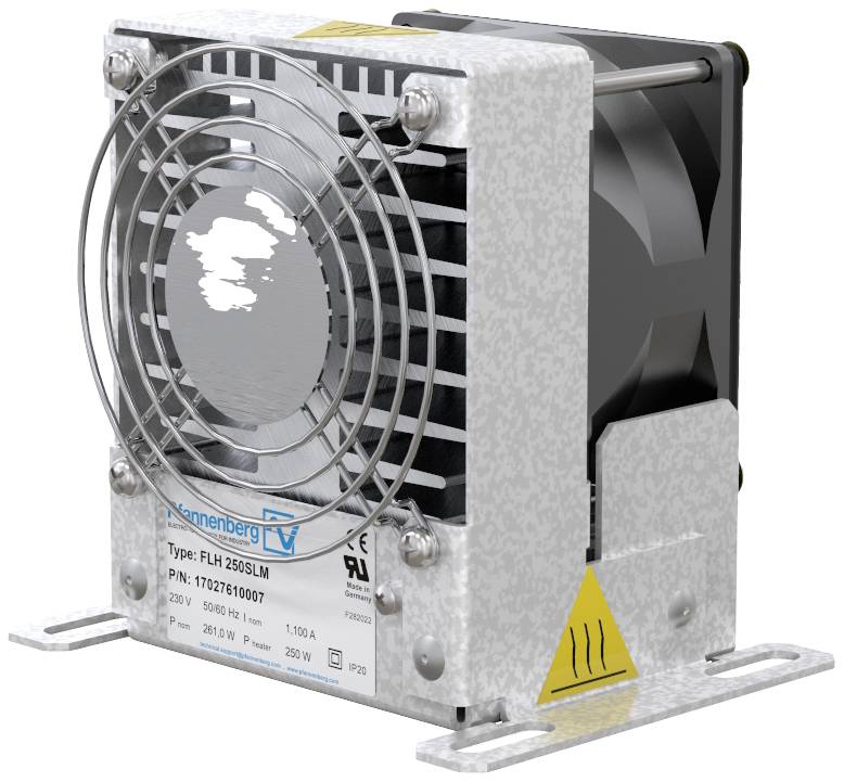 Industrial fan with metal casing and protective grille; used for ventilation or cooling in machinery or electrical cabinets.
