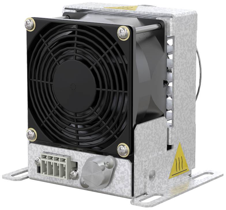 A metal device with a fan, plug, and cable. Yellow warning symbol for heat hazard on the side.