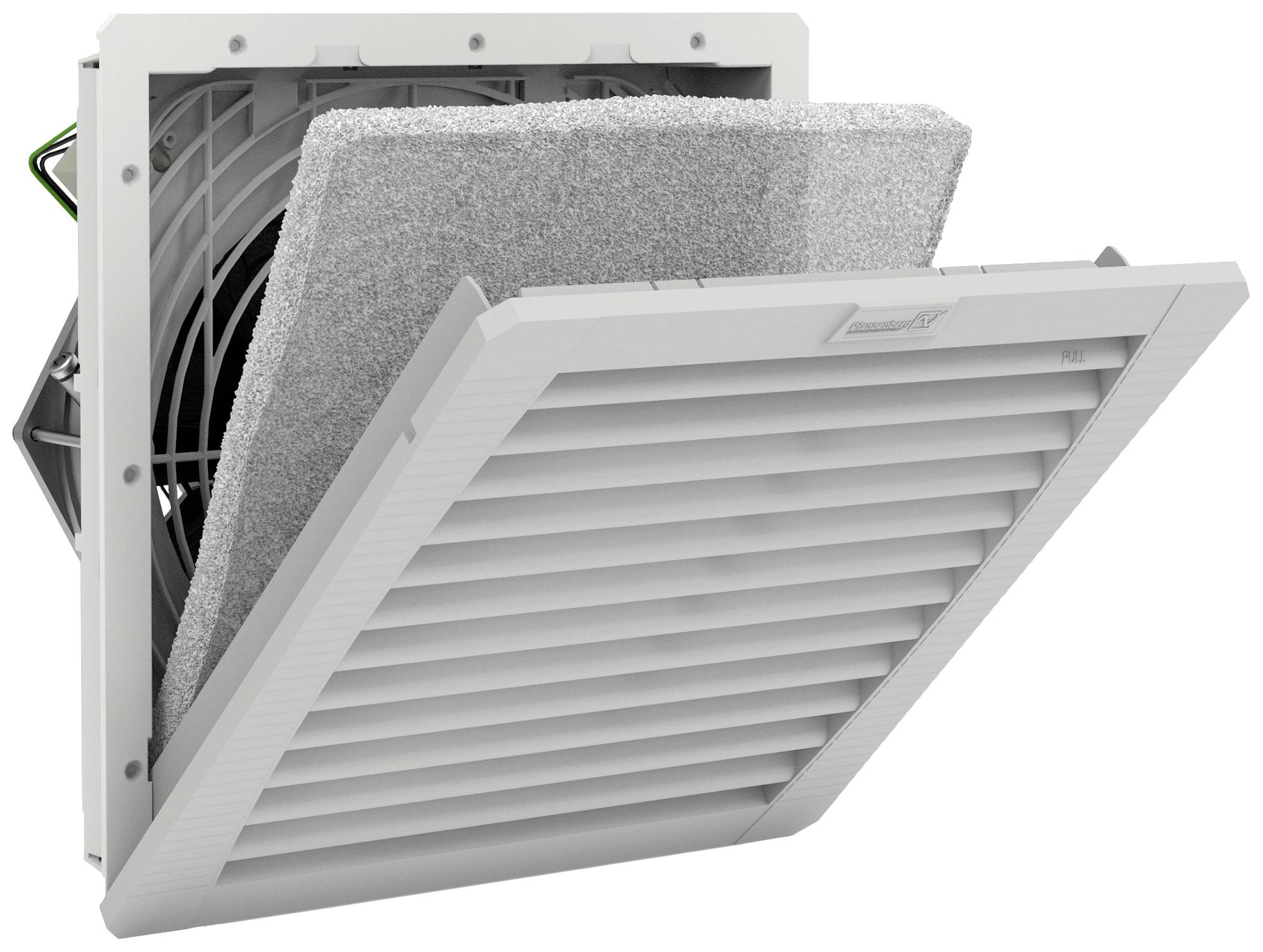 Ventilation grille with a removable filter system; enables air circulation and dust filtration in electronic devices or control cabinets.