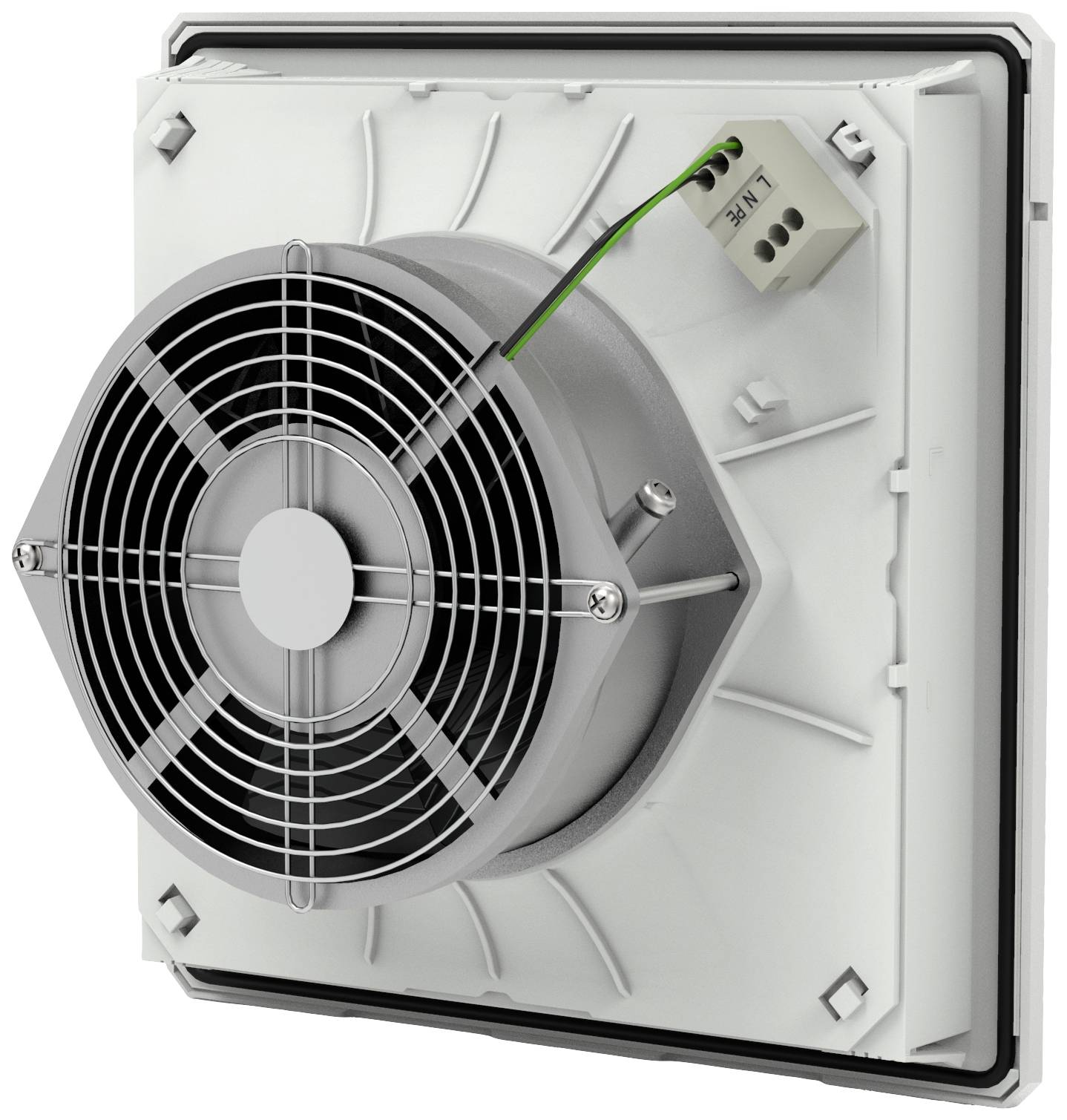 A square ventilation fan with a metal grille and electrical connections. Suitable for industrial or technical applications.