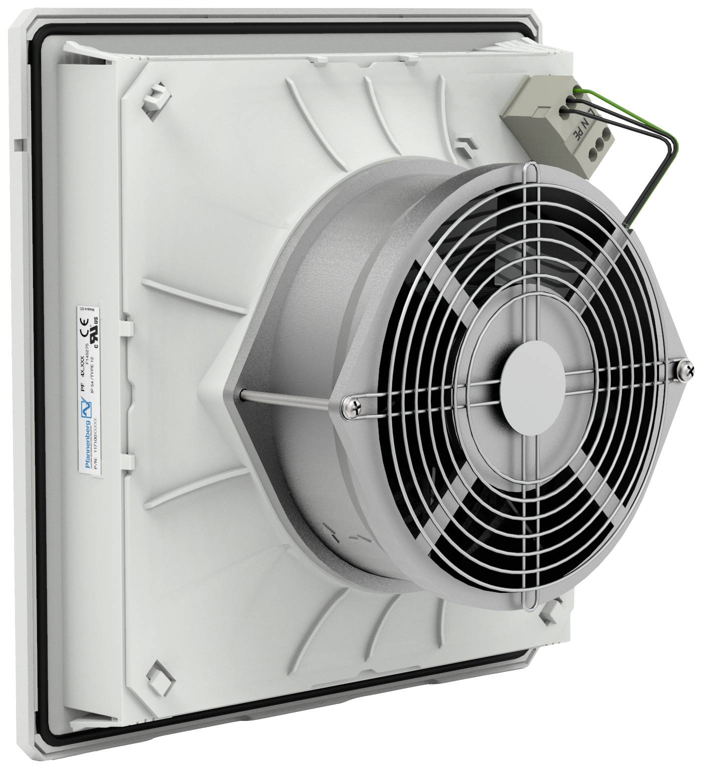 A wall-mounted fan with a square housing and a circular protective grille. Electrical connections are visible on the top surface.
