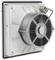 A wall-mounted fan with a square housing and a circular protective grille. Electrical connections are visible on the top surface.