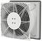 A square extractor fan with a protective grille, mounted on a wall. It shows arrows indicating airflow direction.