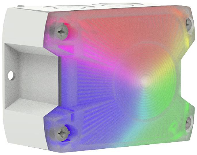 A rectangular device with a translucent cover that alternately glows in rainbow colours.