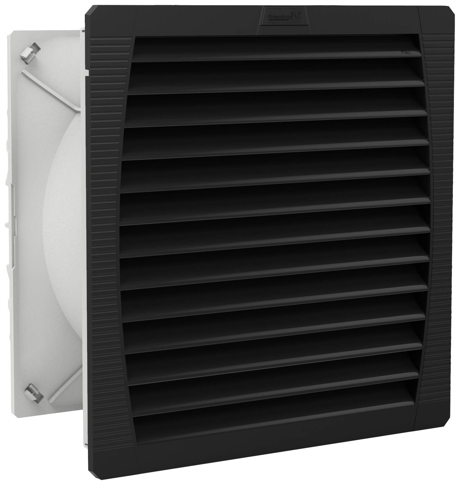 Black ventilation grille insert with horizontal louvres, designed for ventilating electrical or technical equipment.