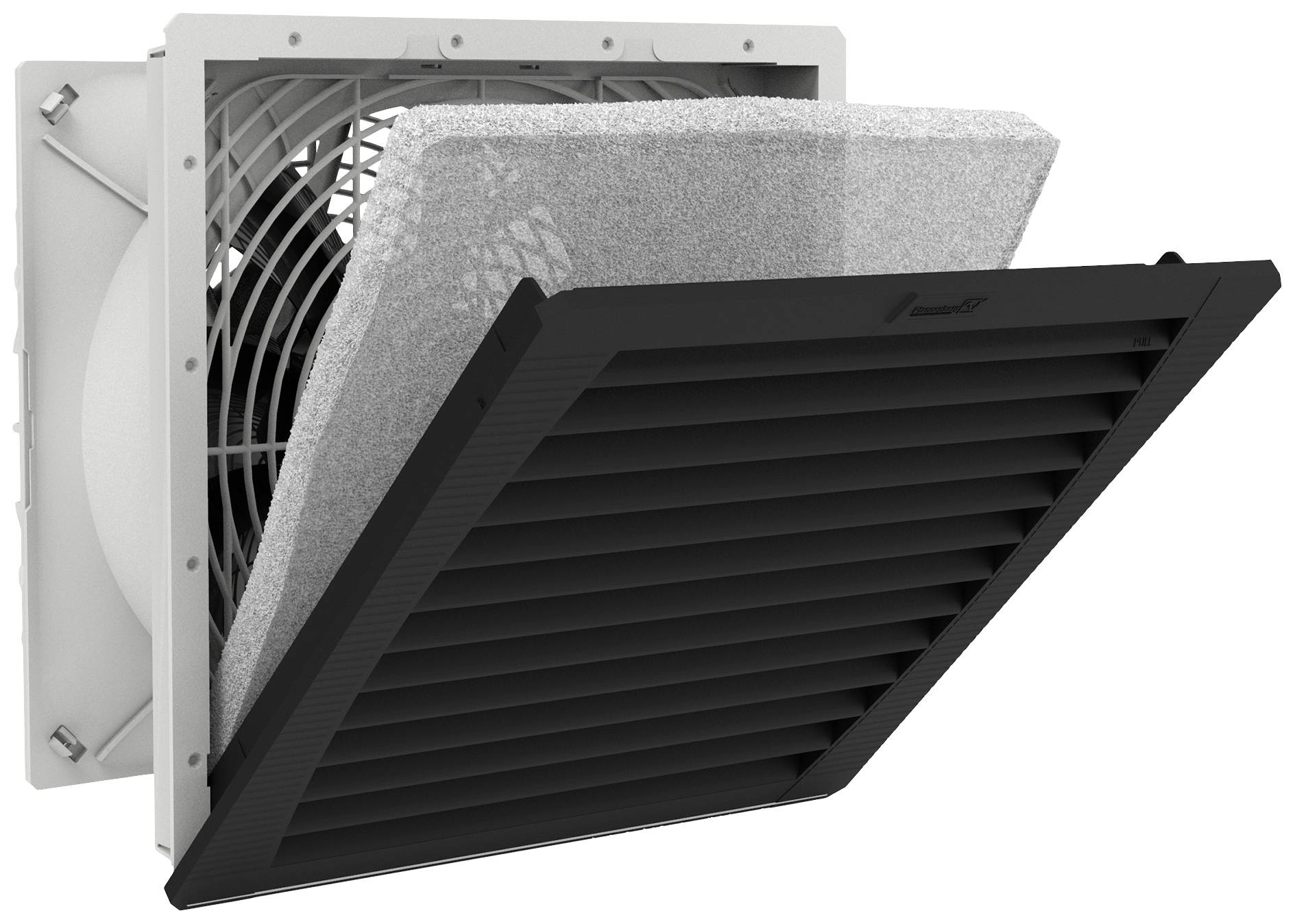 A ventilation grille with a black frame and open filter insert, revealing the internal structure and fan of a ventilation system.