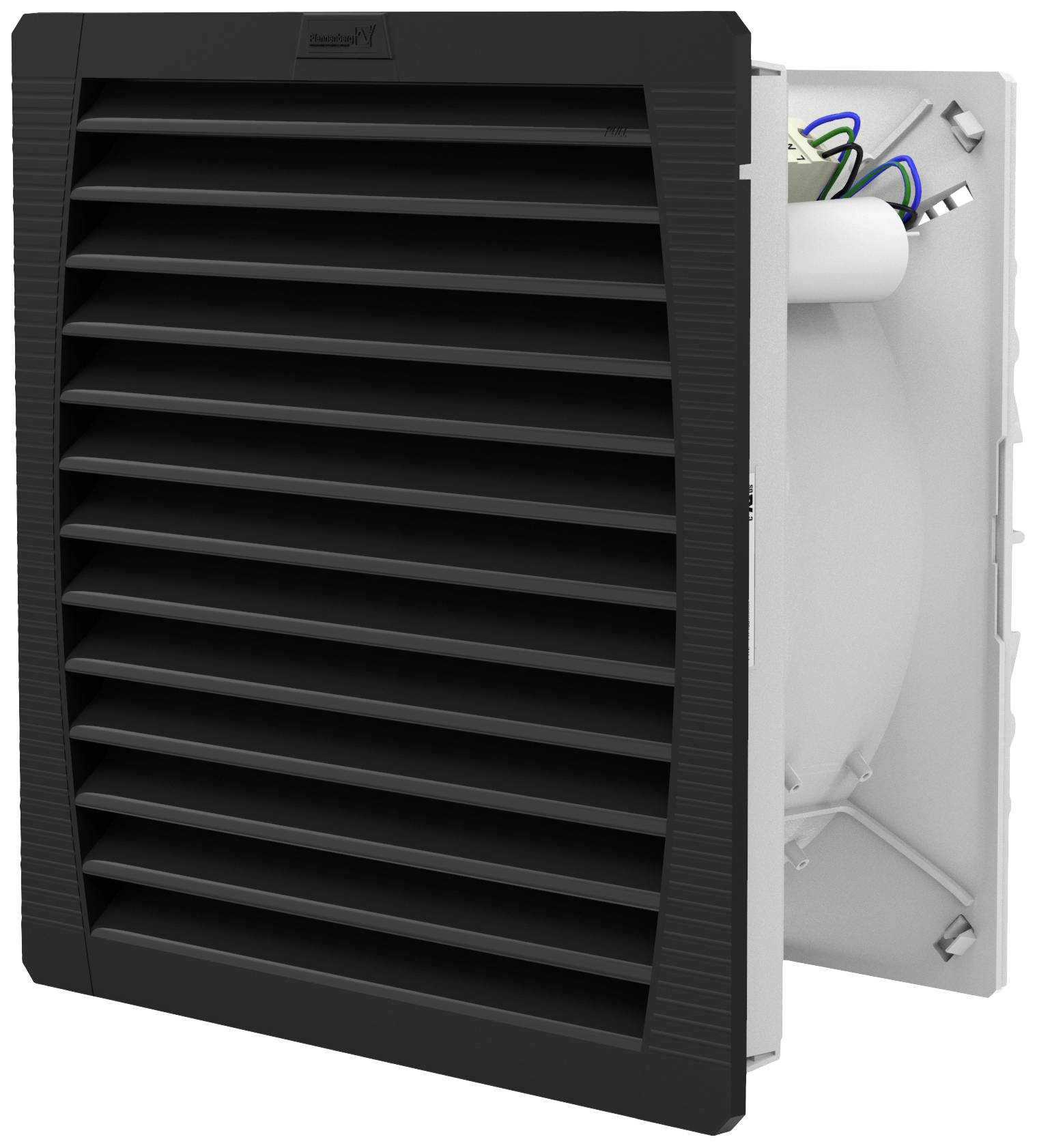 A black ventilation grille with angled louvres, partially open, reveals electrical components behind it.