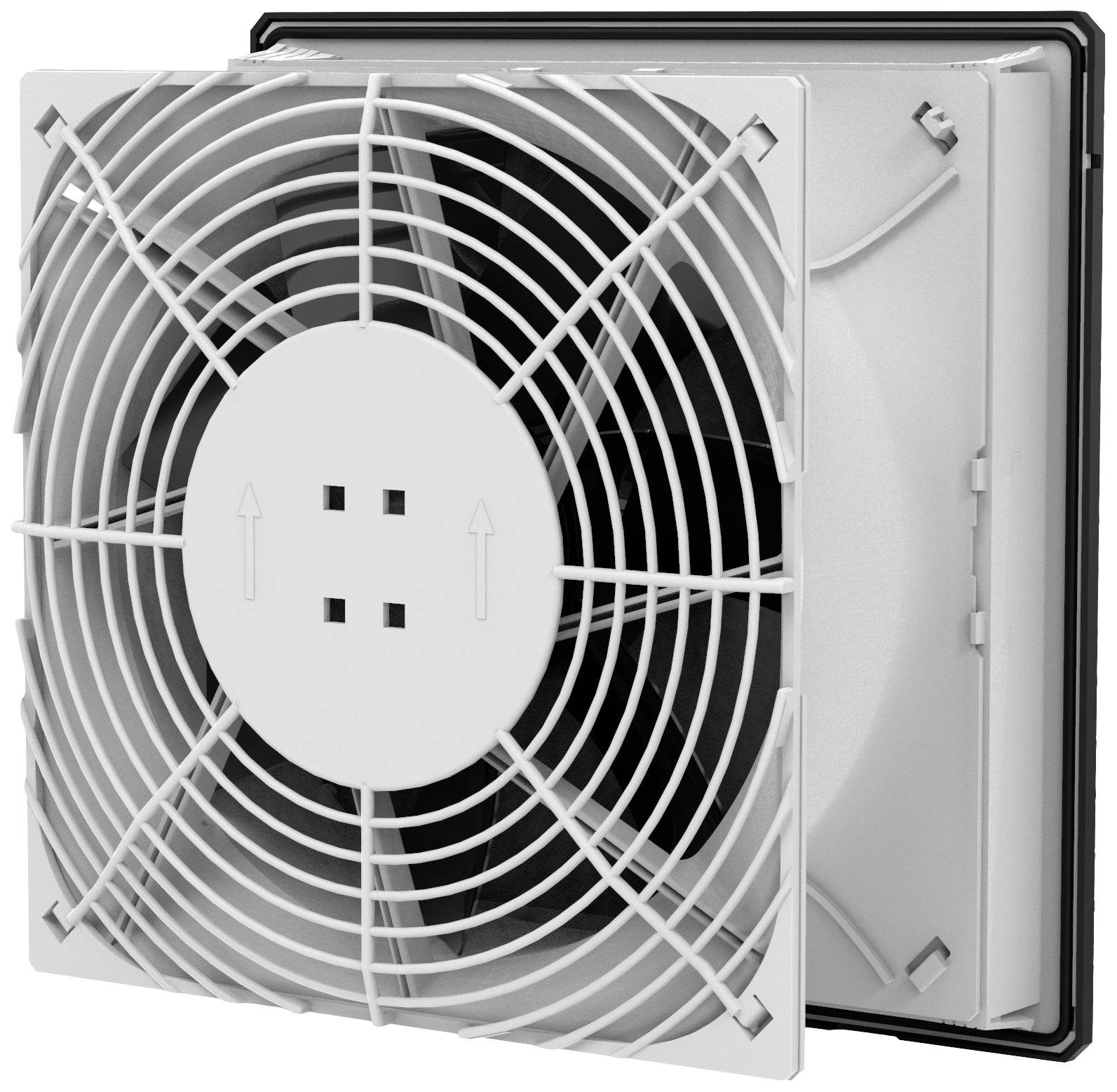 A square fan with a grille, primarily made of white plastic, mounted in a black frame.