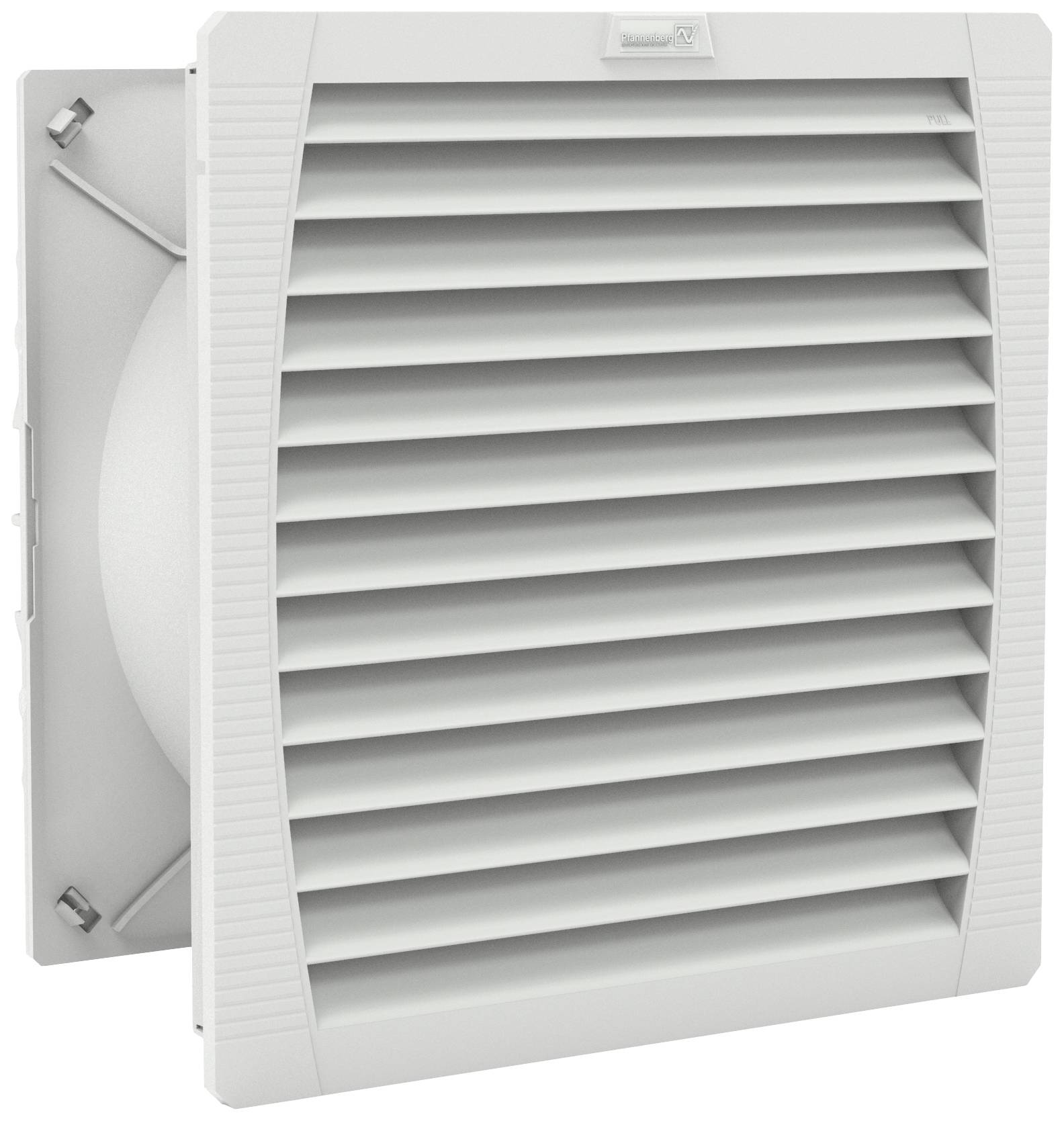 Grey ventilation grille with louvres, suitable for wall mounting. It features a square shape and subtle structural details.