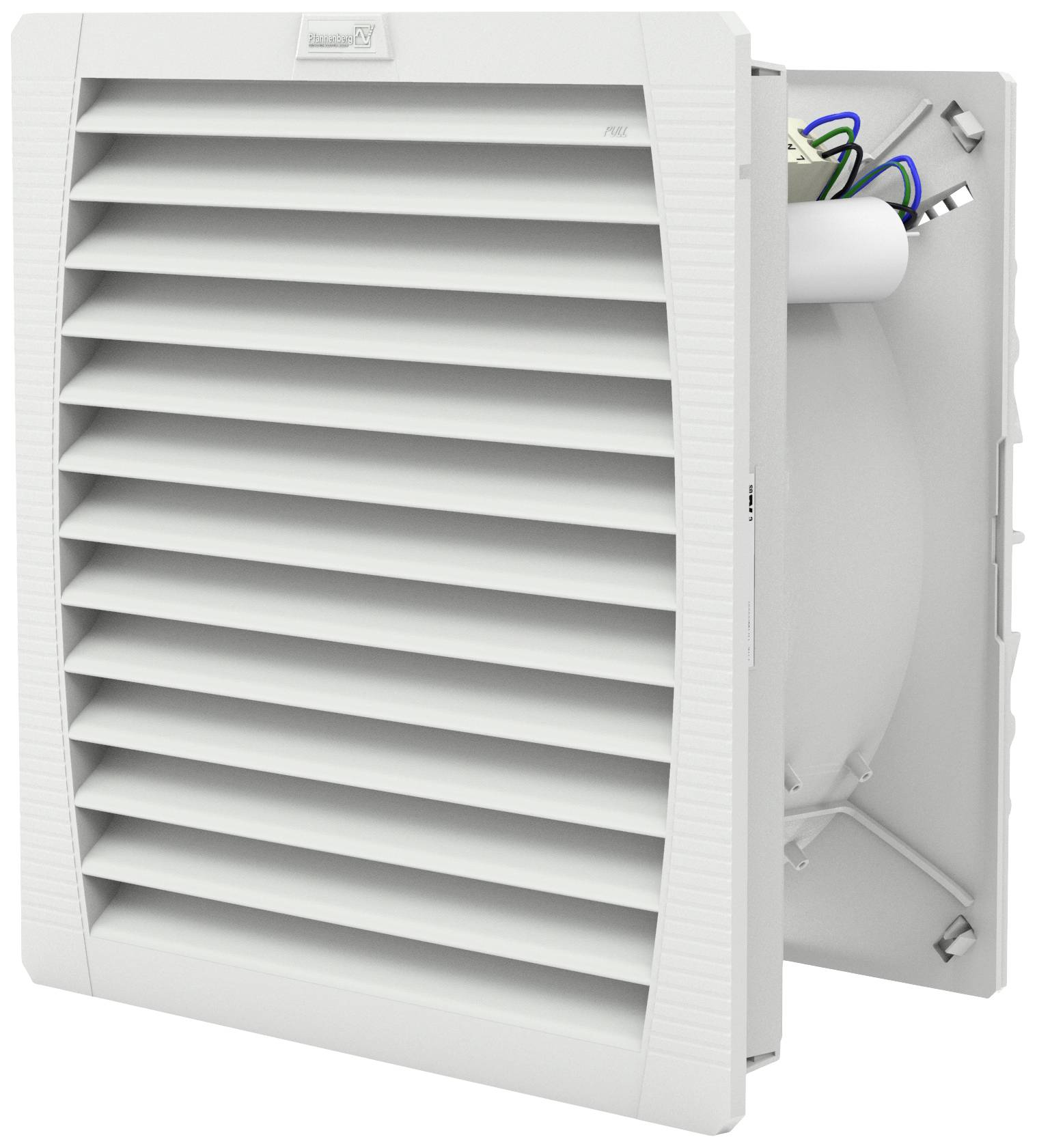 A white ventilation grille with a slightly open cover reveals the cables and connections behind it. Suitable for industrial ventilation.