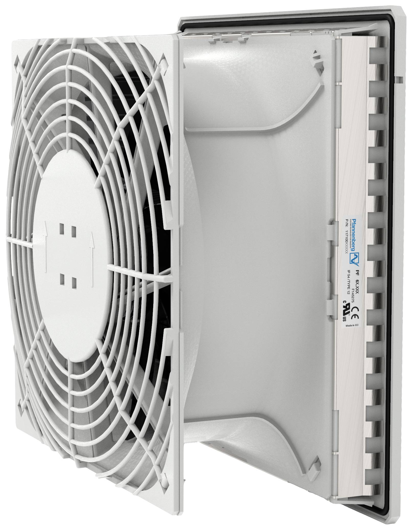 A ventilation grille with an integrated fan, partially open, reveals technical details, suitable for industrial applications.
