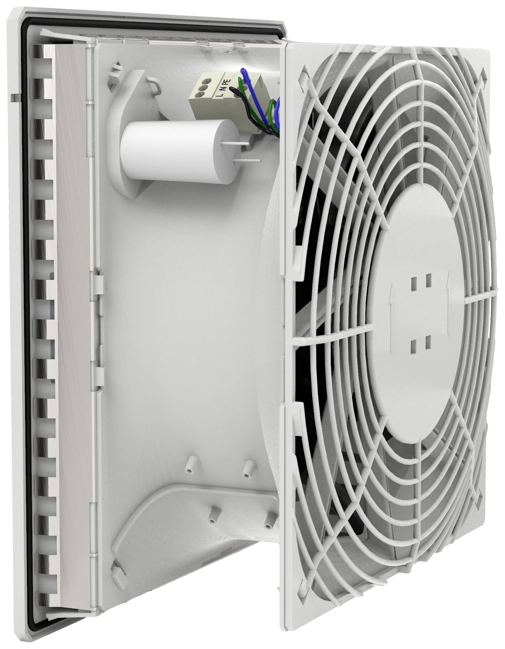 A white fan in a rectangular enclosure, opened to reveal the electrical connections and internal components.