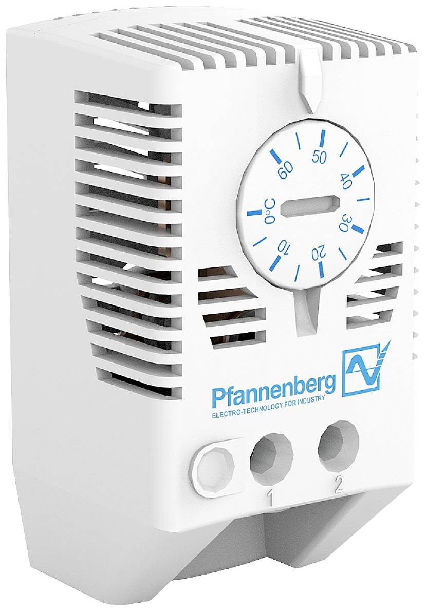 Thermostat with scale from 0 to 60 degrees Celsius, switch position at 30 degrees. Device marked with the 'Pfannenberg' logo.