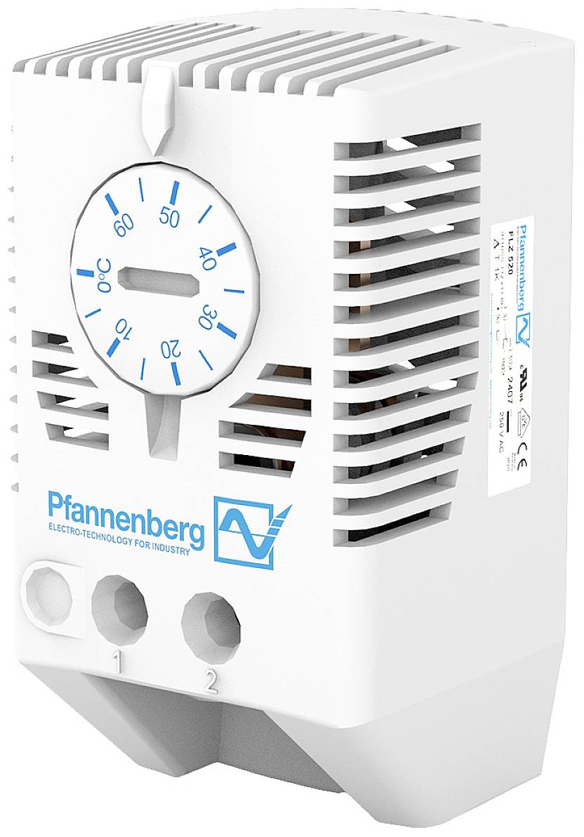 A white electronic thermostat with an analogue temperature display from 0 to 60 degrees Celsius, brand logo and ventilation slots.