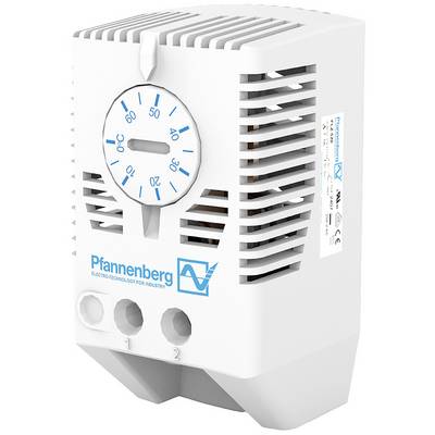 A white electronic thermostat with an analogue temperature display from 0 to 60 degrees Celsius, brand logo and ventilation slots.