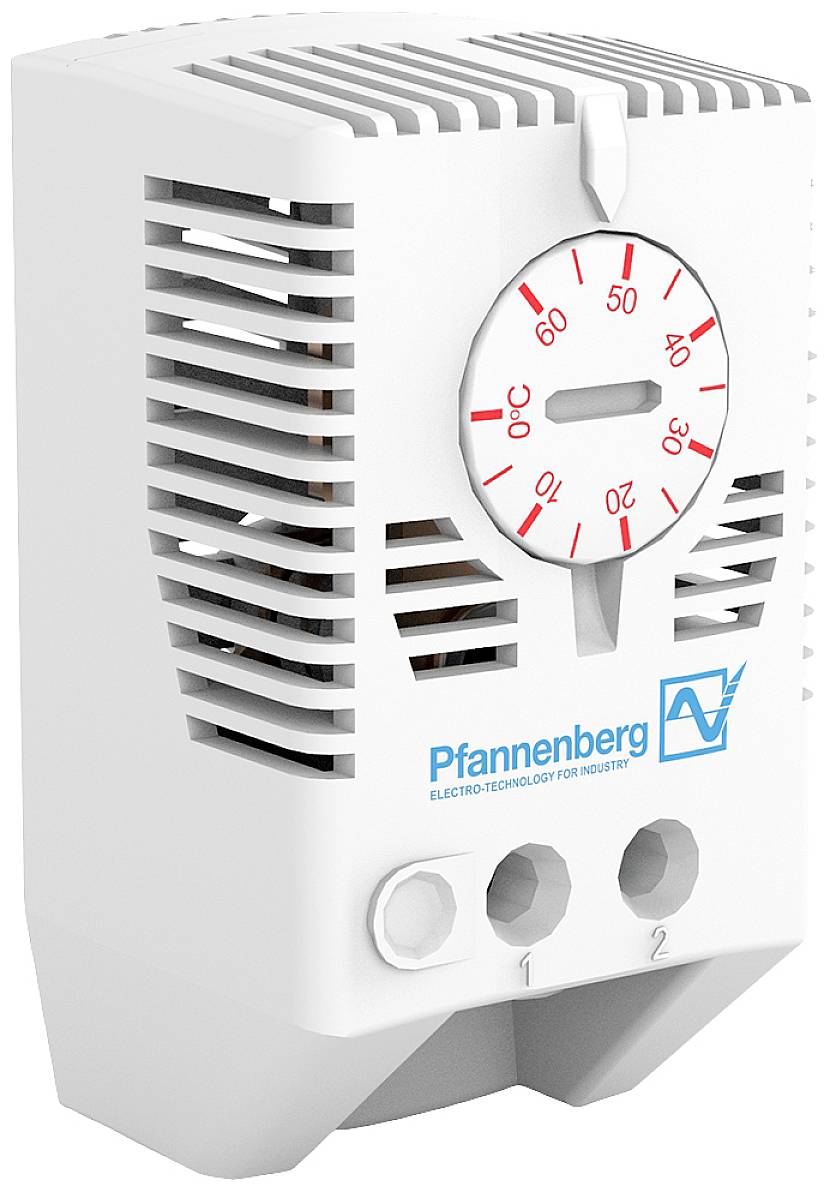Electric thermostat with white casing, temperature display ranging from 0°C to 60°C, ventilation openings and Pfannenberg logo.