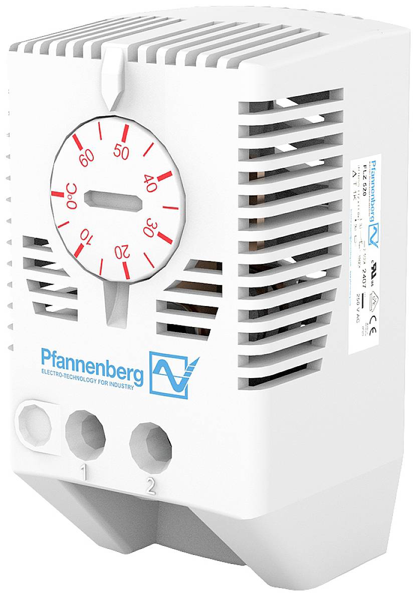 'A white Pfannenberg thermostat with a red temperature scale dial, numbers ranging from 0 to 60 degrees, and ventilation slots.'