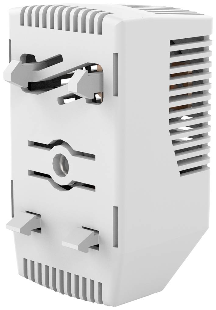 A white, rectangular adapter with ventilation slots and multiple connection points for electronic devices.