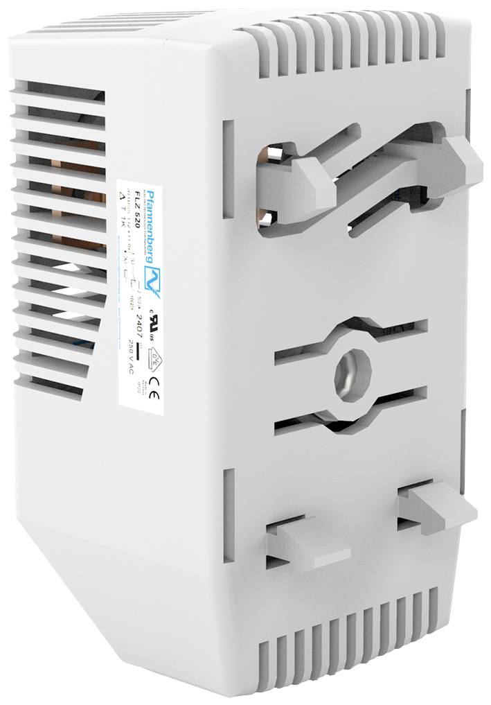 A white electrical appliance with ventilation slots and a sticker with text. It appears designed for cooling or ventilation.