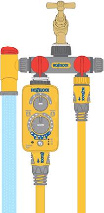 'Irrigation system with tap, timer, hoses and connectors. Two red valves control the water flow. Brand: Hozelock.'