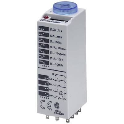 A time relay with a rotary switch for settings. Shows ranges for seconds, minutes, hours. Markings for electrical connections.