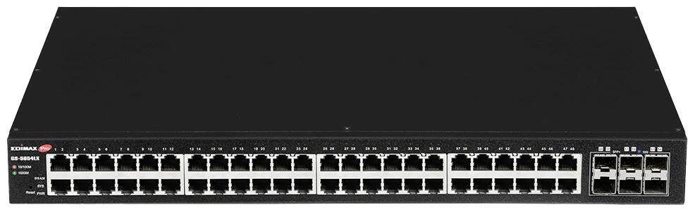 A network switch with 48 Ethernet ports and 4 additional fibre optic cable connections, suitable for large data networks.