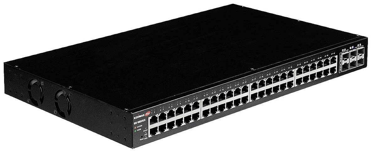 A black network switch with numerous Ethernet ports on the front, suitable for connecting multiple devices in a network environment.