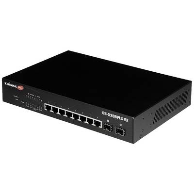 A black network switch with multiple Ethernet ports and two fibre ports, model designation 'GS-5208PLG V2' on the front.
