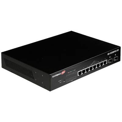 A black network switch with multiple Ethernet ports on the front. Brand name and model number are visible.