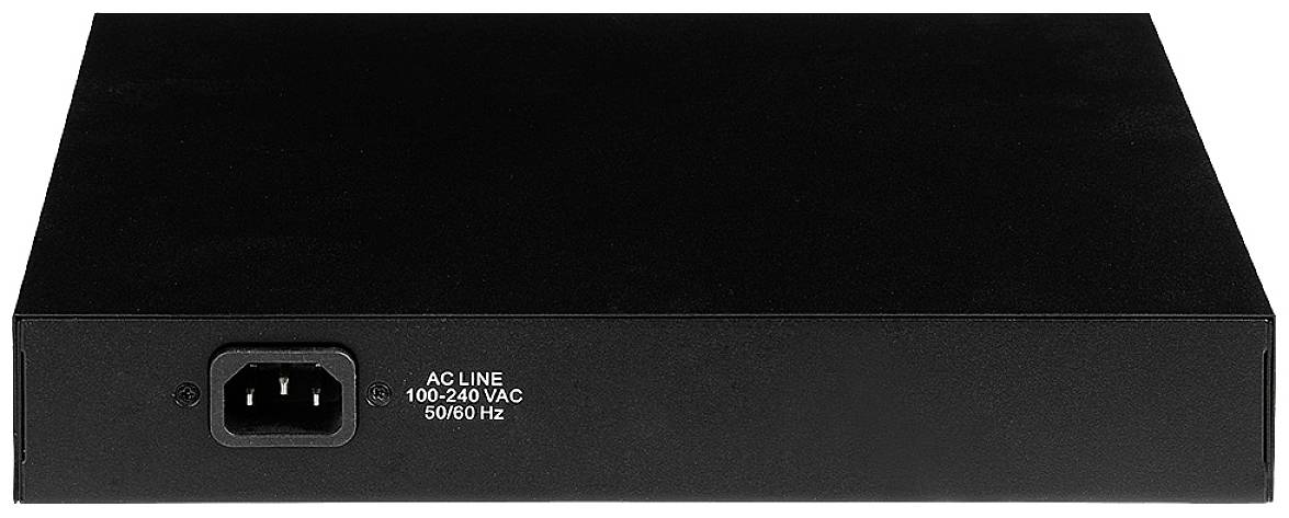 A black electrical device with a connection at the rear, labelled 'AC LINE 100-240 VAC 50/60 Hz'.