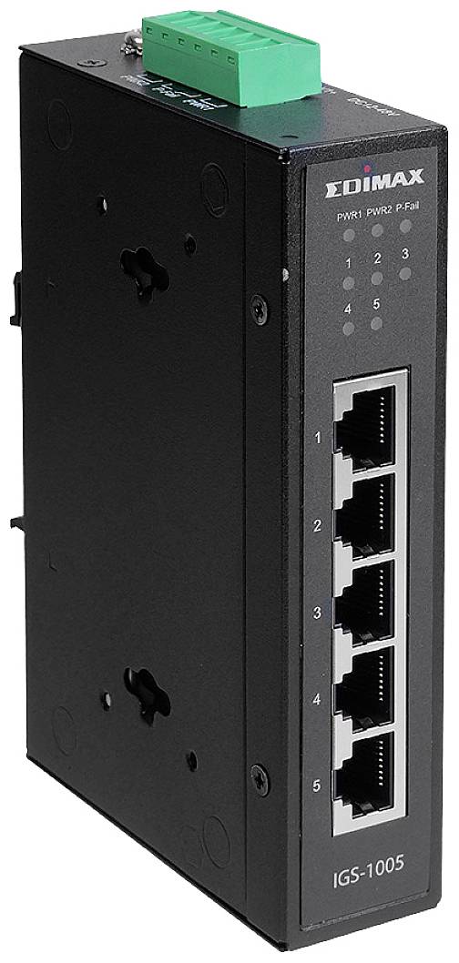 A black 5-port Ethernet switch with the label 'IGS-1005' and five Ethernet ports on the front.