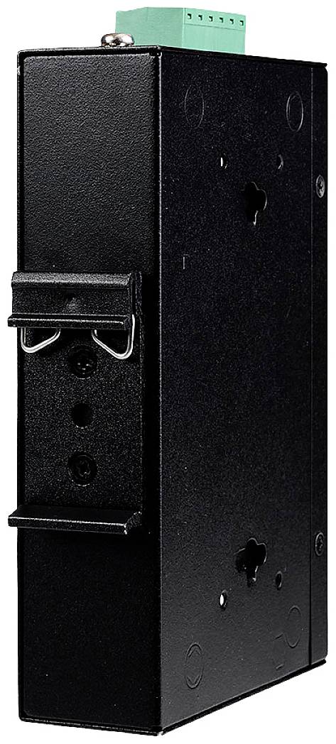 Black industrial enclosure for electronic devices, with various mounting holes and a green connection block on top.