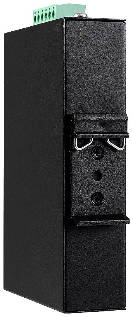 A black, rectangular electronic device with a green connection block on top.