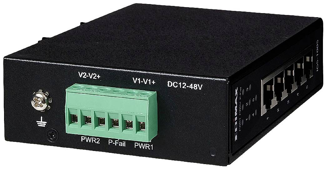 A black network device with multiple green connection terminals and Ethernet ports, used for power and data connections.