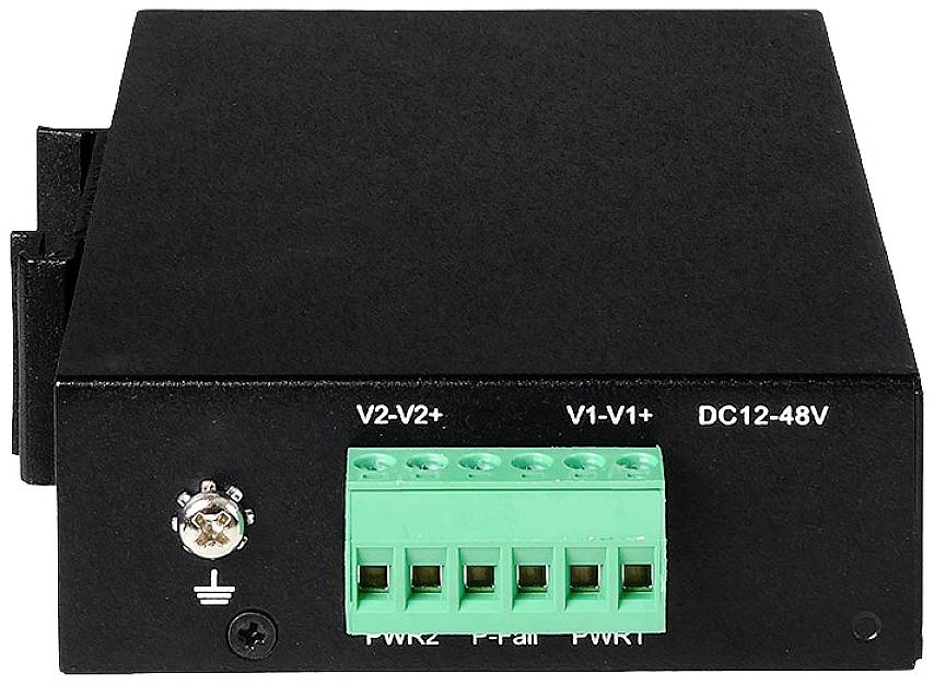 A black electric device with a green connection block, labelled with 'V2-V2+', 'V1-V1+', 'PWR', and 'DC12-48V'.