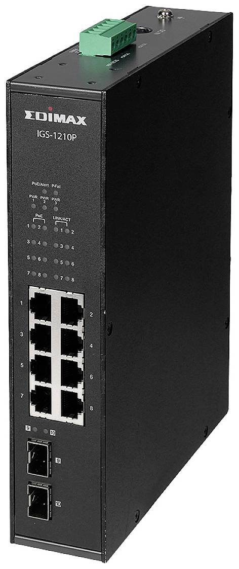 Industrial network switch with eight Ethernet ports and two fibre optic ports, model 'EDIMAX IGS-1210P'.
