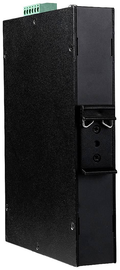 A black, rectangular electronic device with multiple connection points on top and a mounting bracket on the side.