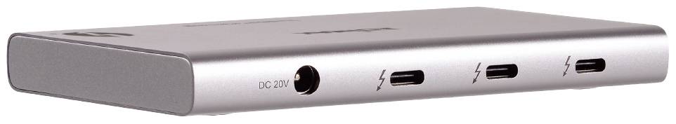 Silver computer dock with three Thunderbolt ports and a power connection on the front.