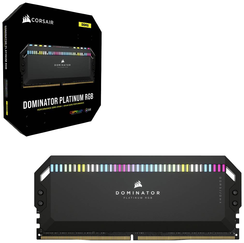 RAM Module 'Corsair Dominator Platinum RGB', DDR5, black, with coloured LED lights, shown in packaging and separately.
