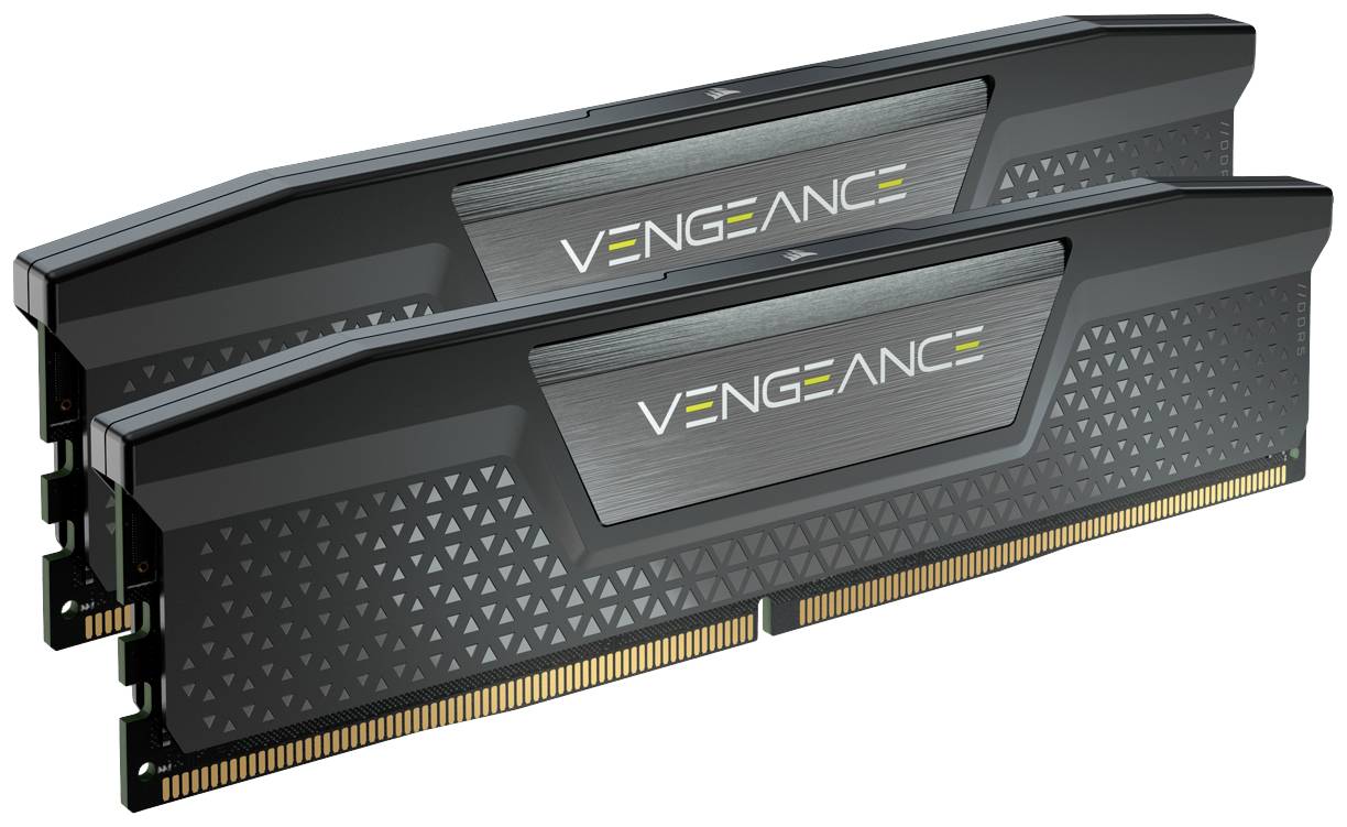 Two black RAM memory modules from the 'Vengeance' brand, stacked on top of each other, with golden contact strips at the bottom.