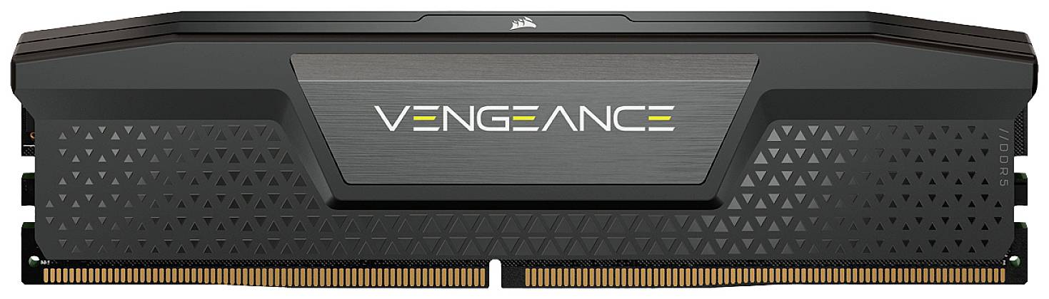 A Corsair RAM module with 'Vengeance' branding, black design featuring a triangular pattern and gold contacts.