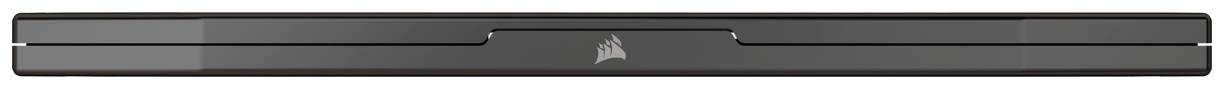 A black computer soundbar with a central company logo, minimalist design, for audio output beneath a monitor.