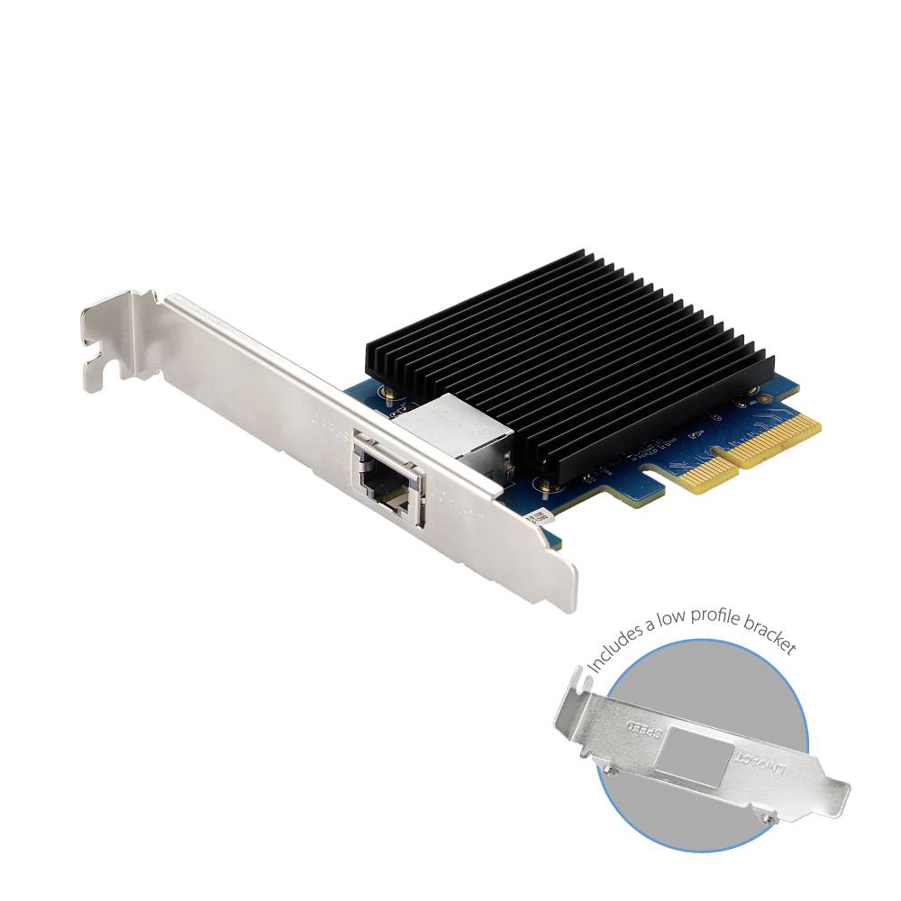 The illustration shows a network card with a heatsink. In the corner is an inset image of an additional mounting bracket for low-profile cases.