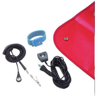 Various electrodes and a wristband next to a red case. Accessories potentially for medical or electronic purposes.