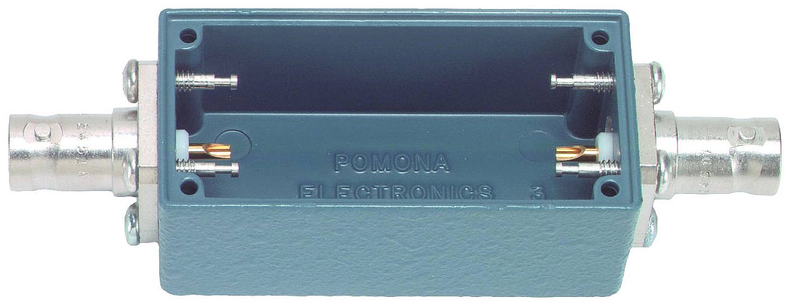 'BNC Female Adapter in blue plastic casing with "POMONA ELECTRONICS" logo. Connects two BNC plugs, left and right connections.'
