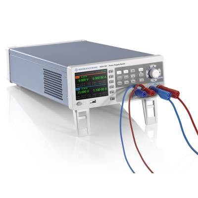 Power supply unit with digital displays showing voltages and currents. Connected red and blue cables with banana plugs.