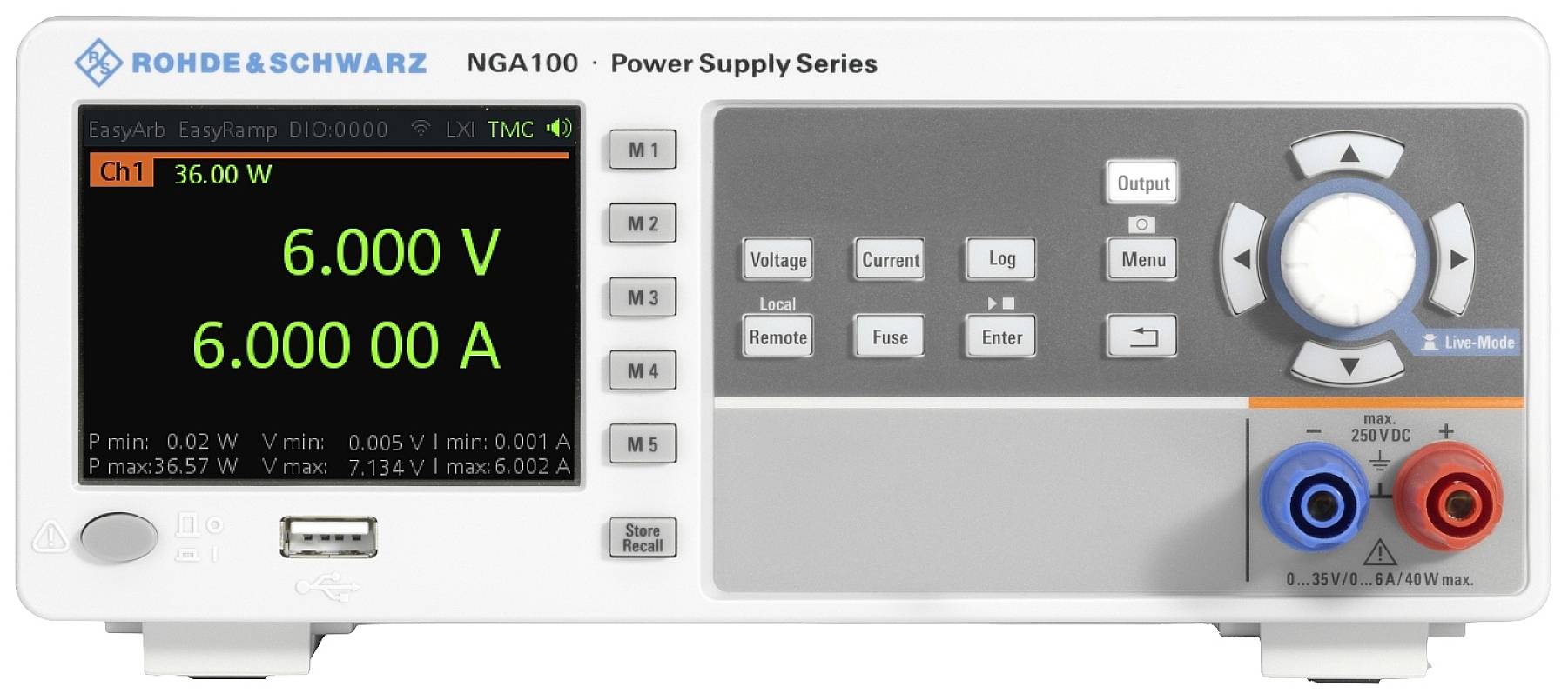 Power supply unit with display showing '6.00 V' and '6.00 A' on channel 1. Control buttons and connections are visible.
