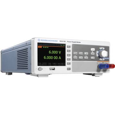 A laboratory power supply displays '6,000 V' and '6,000 A' on its display. It has buttons for various functions and red and blue connection sockets.