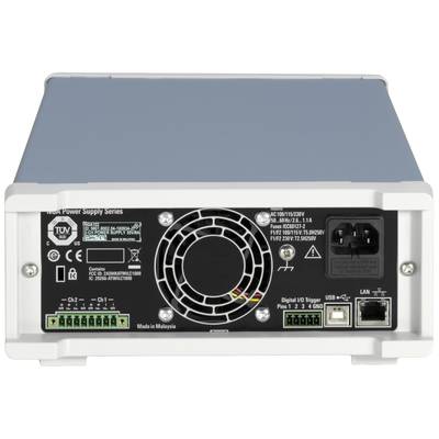 Back of a power supply unit with a fan, power connection, USB, LAN ports, and green terminals for various voltages.