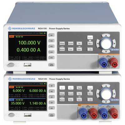 Two power supplies from the 'Rohde & Schwarz NGA100' series with digital displays are showing voltage and current information for two channels.